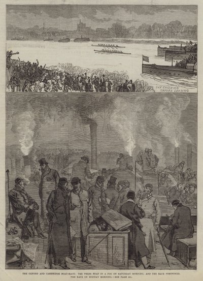 La Gara di Canottaggio Oxford e Cambridge, la Barca della Stampa nella Nebbia di Sabato Mattina, e la Gara Rinviata, la Gara di Lunedì Mattina da Sir John Charles Robinson